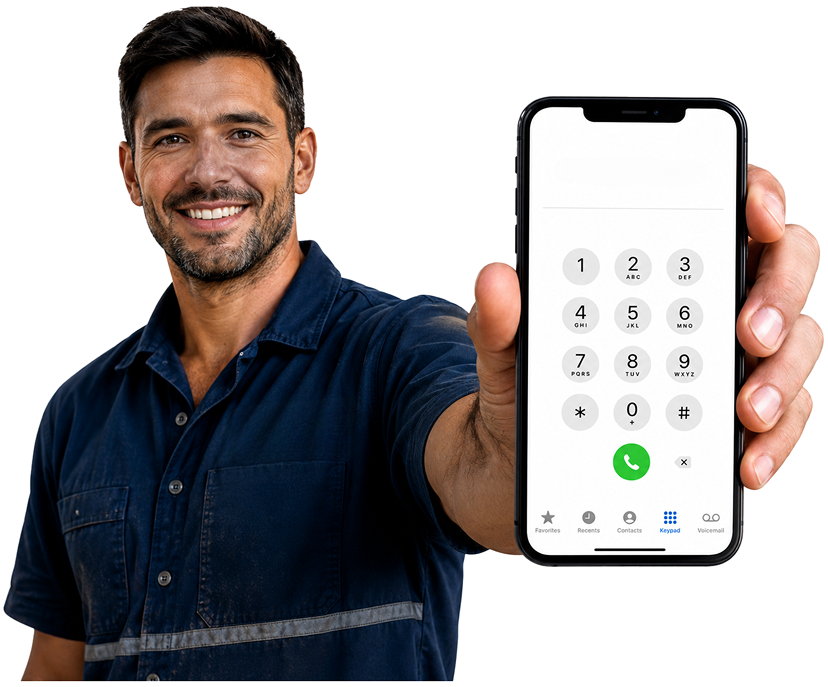 Cabramatta Blocked Drains plumber holding a phone — call 1300 261 965