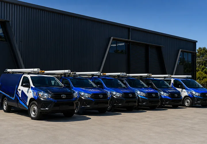 Our plumbing vans lined up before a Cabramatta shift