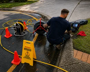 Plumber inspecting a blocked drain in Cabramatta