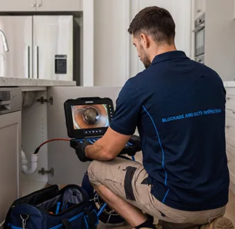 Plumber clearing a blocked toilet in a Cabramatta bathroom